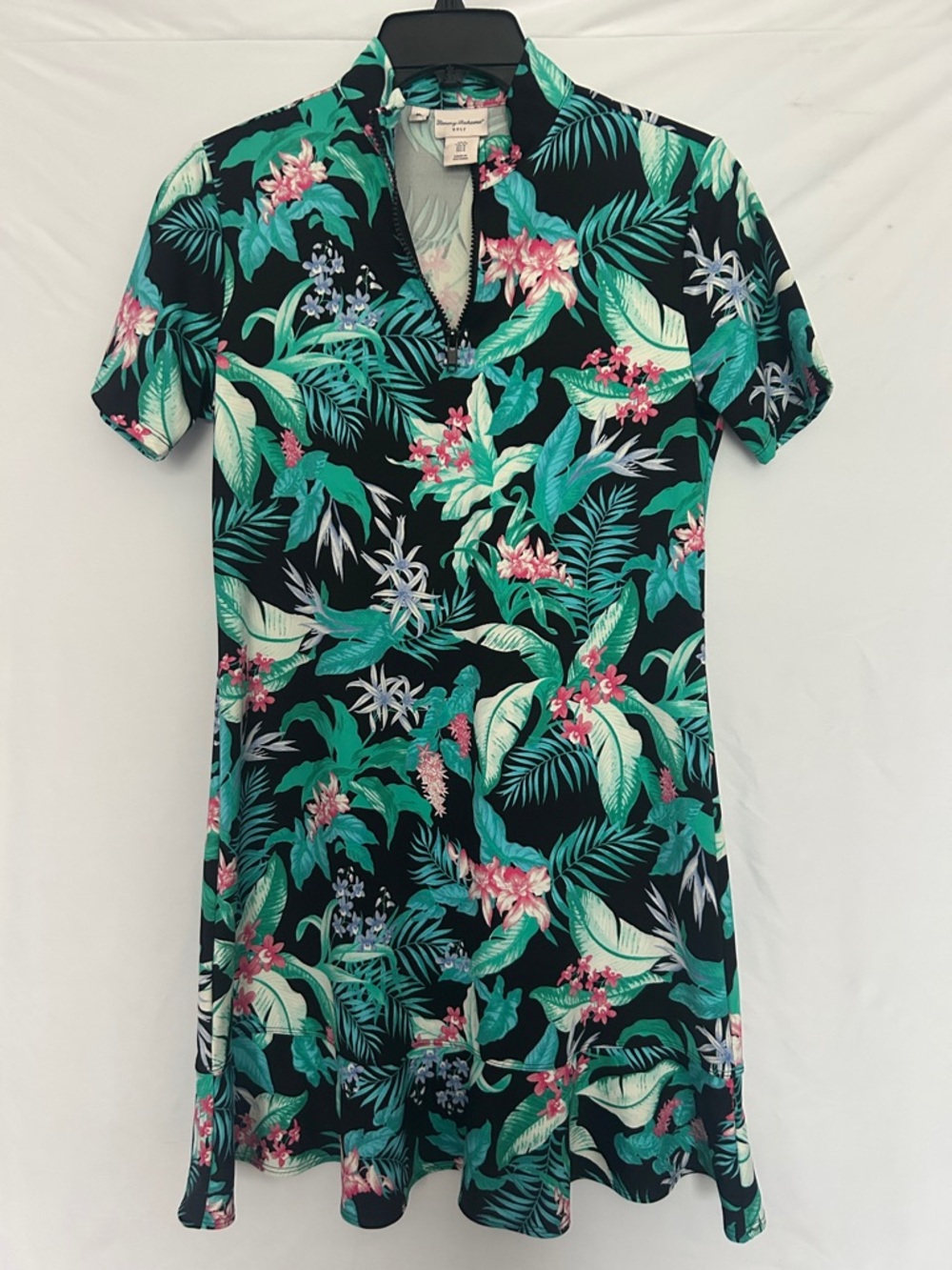 Tommy Bahama Black Zip-Front Golf Dress with Tropical Print Size Small
